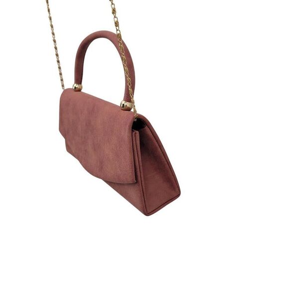 Pink Coral Vegan Leather Mini Top Handle Handbag Removeable Gold Crossbody Chain - Picture 6 of 10